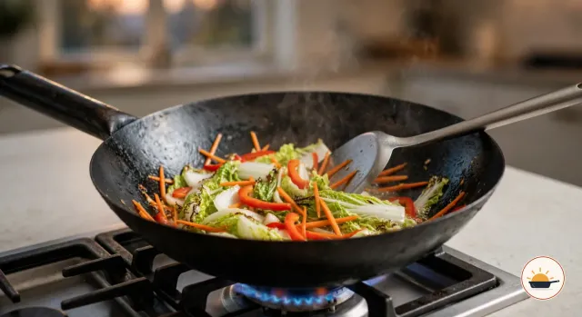 Möhrenstifte, Paprikastreifen und Stücke von Chinakohl brutzeln in einem schwarzen Wok auf dem Gasherd, ein Pfannenwender aus Stahl lehnt am Rand