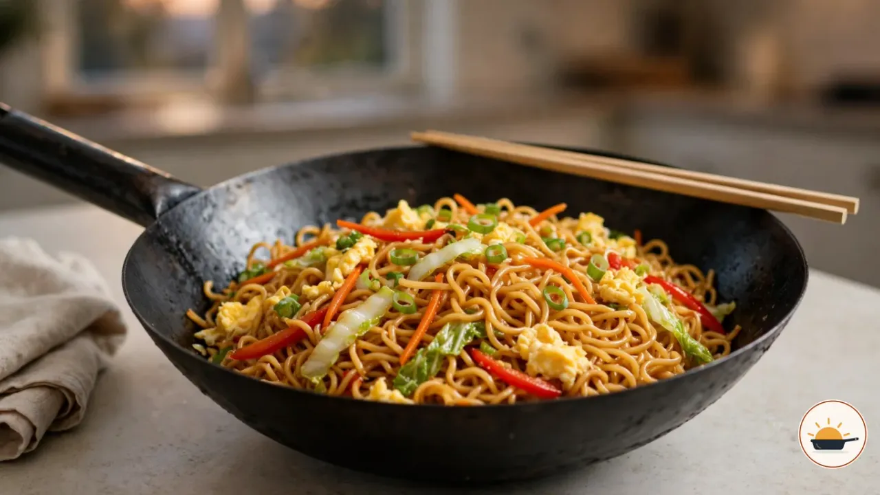 Gebratene Nudeln mit Möhre, Paprika, Chinakohl, Frühlingszwiebeln und Rührei in einem schwarzen Wok aus Karbonstahl, auf dessen Rand ein Paar Essstäbchen liegt