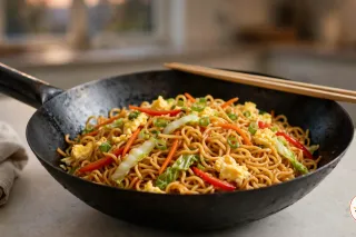 Gebratene Nudeln mit Möhre, Paprika, Chinakohl, Frühlingszwiebeln und Rührei in einem schwarzen Wok aus Karbonstahl, auf dessen Rand ein Paar Essstäbchen liegt