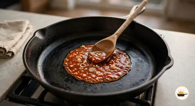 In der Mitte einer schwarzen Pfanne aus Gusseisen auf dem Gasherd brutzelt eine kleine Menge glänzend roter Sauce aus Butter und Gochujang mit gehacktem Knoblauch und hellen Ringen von Frühlingszwiebeln, ein Holzlöffel liegt darin