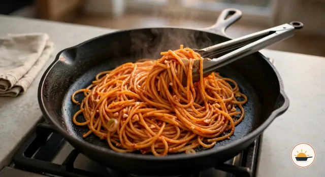 Eine Küchenzange aus Edelstahl hebt Spaghetti in rot-oranger Sauce aus der schwarzen Pfanne aus Gusseisen auf dem Gasherd, darüber steigt Dampf auf