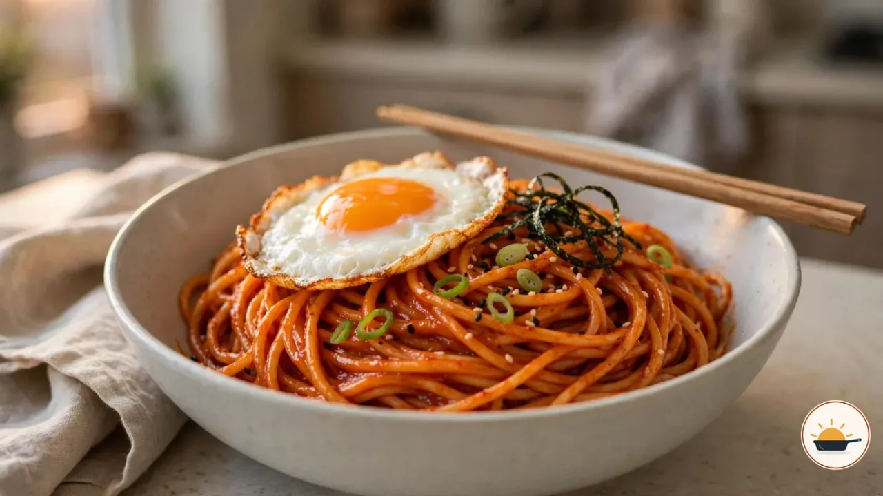 Gochujang-Nudeln in einer tiefen hellen Schale, die Spaghetti glänzen rot-orange, obendrauf ein Spiegelei, Frühlingszwiebeln, Sesam und Streifen von Nori, auf dem Rand liegen Essstäbchen aus Holz
