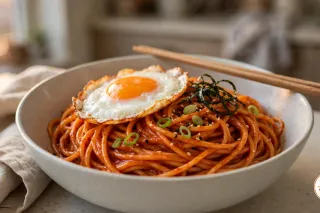 Gochujang-Nudeln in einer tiefen hellen Schale, die Spaghetti glänzen rot-orange, obendrauf ein Spiegelei, Frühlingszwiebeln, Sesam und Streifen von Nori, auf dem Rand liegen Essstäbchen aus Holz