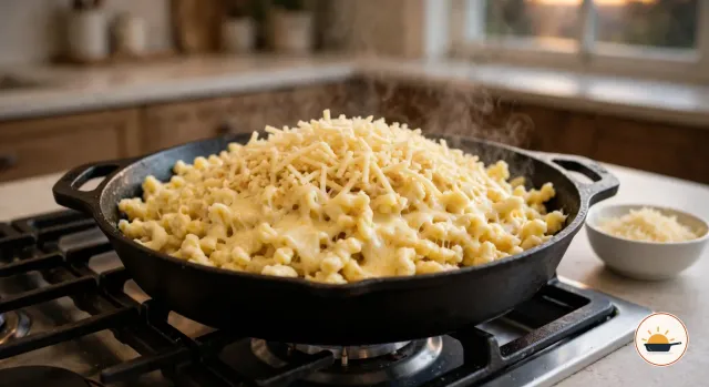 In der schwarzen gusseisernen Pfanne auf dem Gasherd liegen heiße Spätzle, schichtweise mit geriebenem Käse bestreut, daneben steht eine Schale mit geriebenem Käse