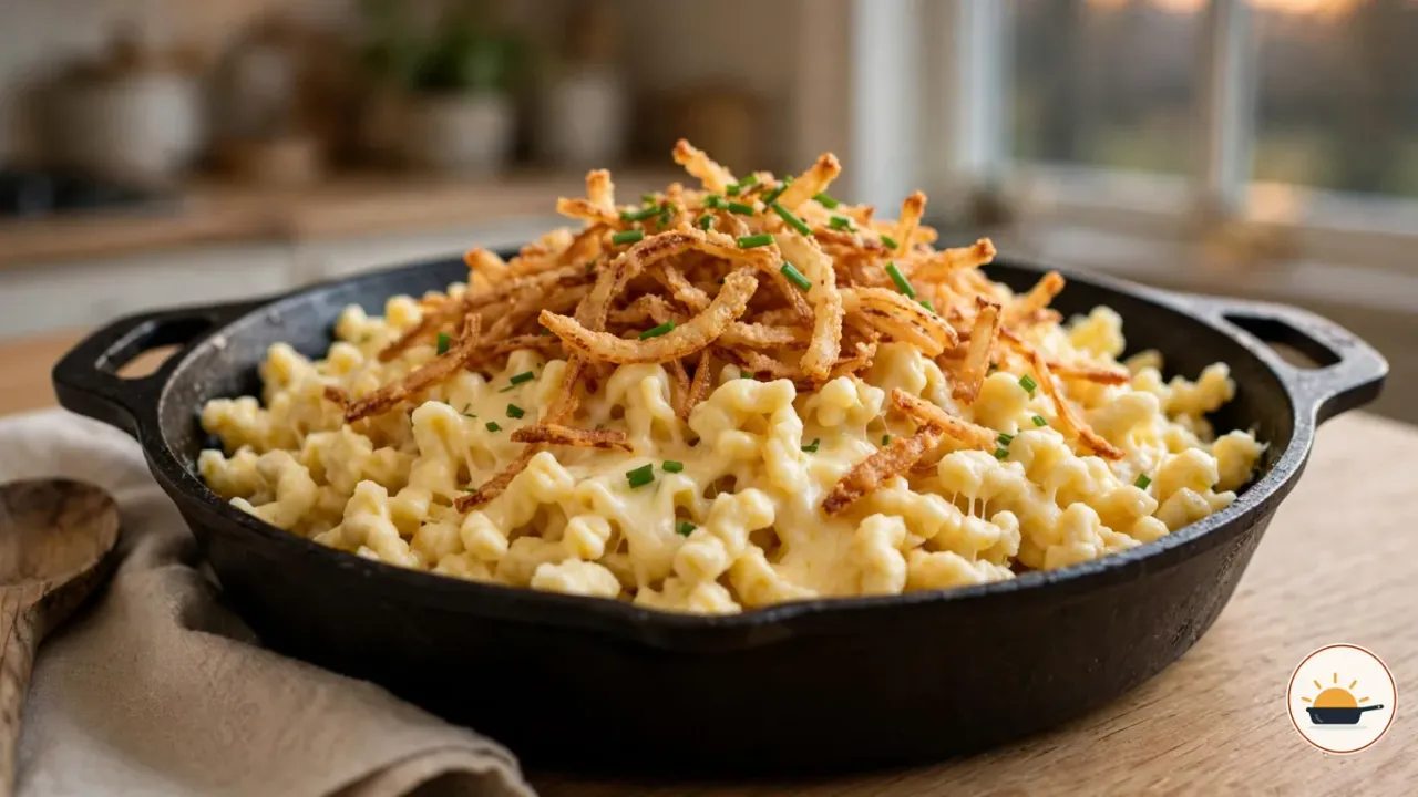 Käsespätzle mit geschmolzenem Bergkäse, knusprigen Röstzwiebeln und Schnittlauch in einer schwarzen gusseisernen Pfanne