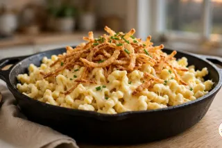 Käsespätzle mit geschmolzenem Bergkäse, knusprigen Röstzwiebeln und Schnittlauch in einer schwarzen gusseisernen Pfanne