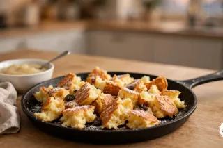 Zerrissener, leicht karamellisierter Kaiserschmarrn mit Rosinen und Puderzucker in einer schwarzen gusseisernen Pfanne, daneben ein Schälchen Apfelmus