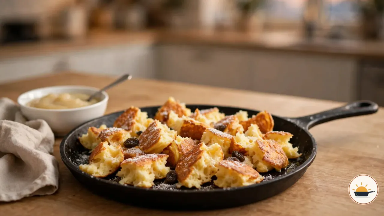 Zerrissener, leicht karamellisierter Kaiserschmarrn mit Rosinen und Puderzucker in einer schwarzen gusseisernen Pfanne, daneben ein Schälchen Apfelmus