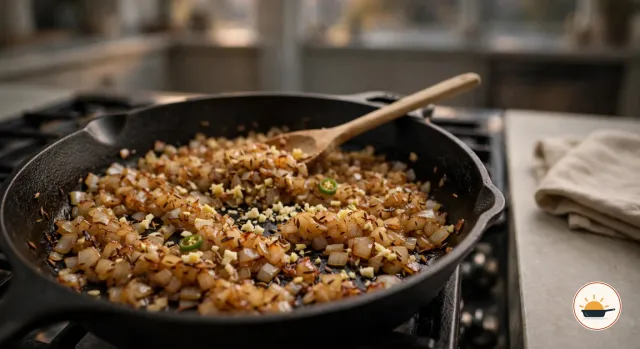 Goldbraun gebratene Zwiebelwürfel mit Kreuzkümmel, gehacktem Knoblauch und Ingwer und Ringen von grüner Chili in einer schwarzen Pfanne aus Gusseisen auf dem Gasherd, ein Holzlöffel liegt darin