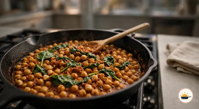 Kichererbsen in dicker rotbrauner Tomatensauce in der schwarzen Pfanne aus Gusseisen auf dem Gasherd, obendrauf Blätter von Babyspinat, die gerade zusammenfallen, ein Holzlöffel liegt darin
