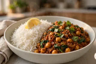 Kichererbsen-Curry in einer tiefen hellen Schale, die Kichererbsen in dicker rotbrauner Tomatensauce mit Spinat und frischem Koriander, daneben Basmatireis mit einer Zitronenspalte