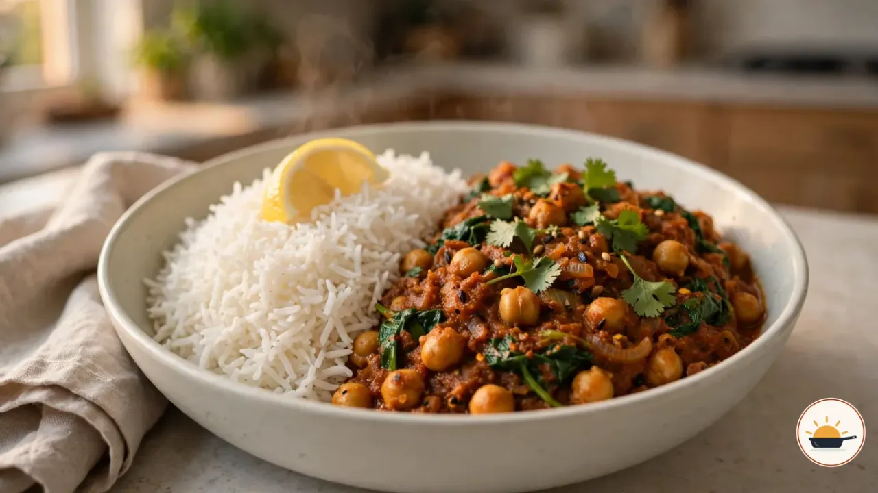 Kichererbsen-Curry in einer tiefen hellen Schale, die Kichererbsen in dicker rotbrauner Tomatensauce mit Spinat und frischem Koriander, daneben Basmatireis mit einer Zitronenspalte