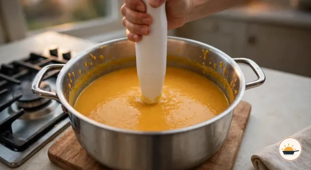 Im weiten Topf aus Edelstahl, der neben dem Herd auf einem Holzbrett steht, püriert ein Stabmixer die orangefarbene Linsensuppe glatt