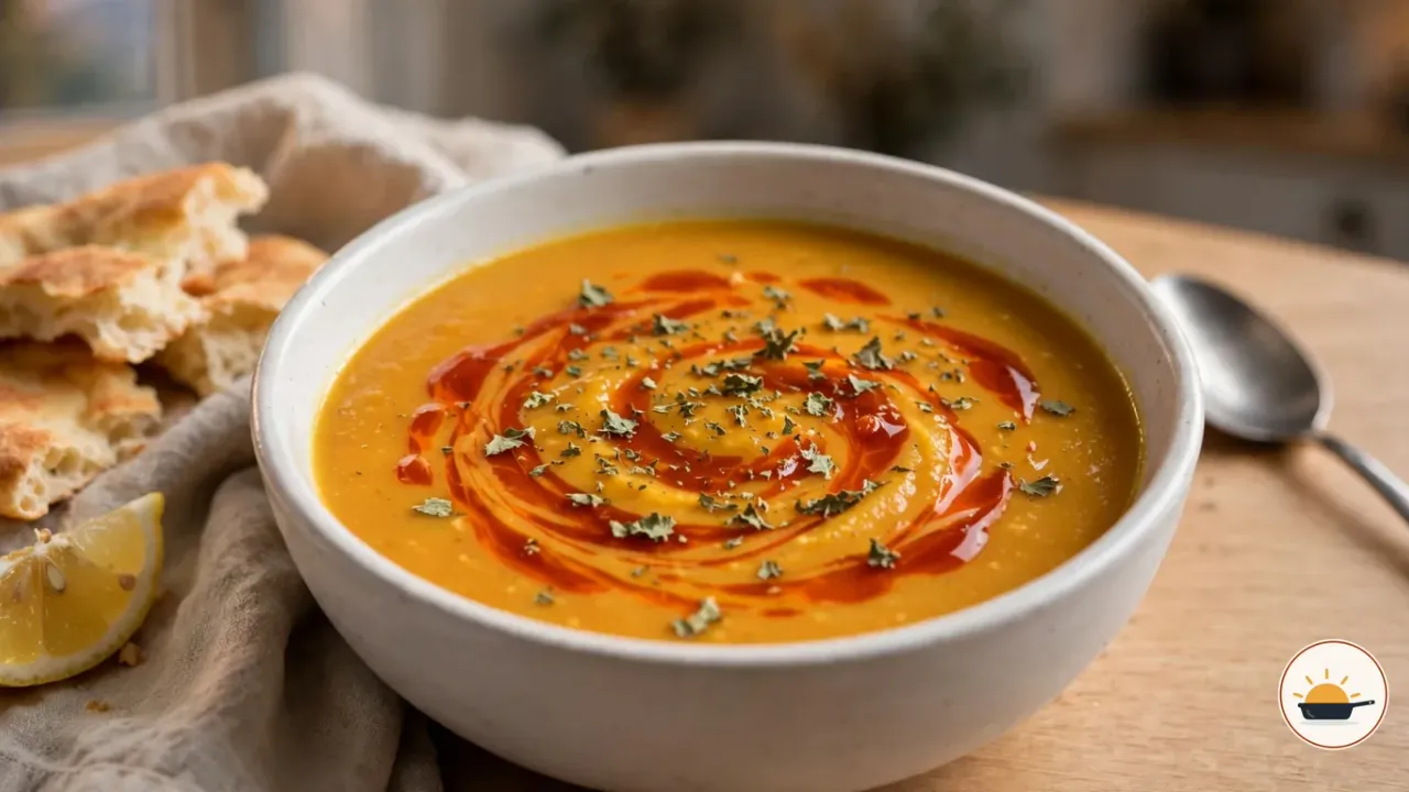 Rote Linsensuppe in einer tiefen weißen Schale, beträufelt mit Paprikabutter und bestreut mit getrockneter Minze, daneben eine Zitronenspalte und Fladenbrot