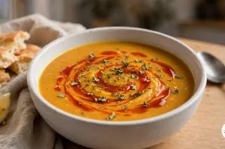 Rote Linsensuppe in einer tiefen weißen Schale, beträufelt mit Paprikabutter und bestreut mit getrockneter Minze, daneben eine Zitronenspalte und Fladenbrot