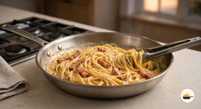 Spaghetti mit cremiger Sauce aus Ei und Pecorino, dazu Guanciale-Streifen, in einer Stahlpfanne, die neben dem Herd auf der Arbeitsplatte steht, eine Küchenzange hebt ein paar Nudeln an