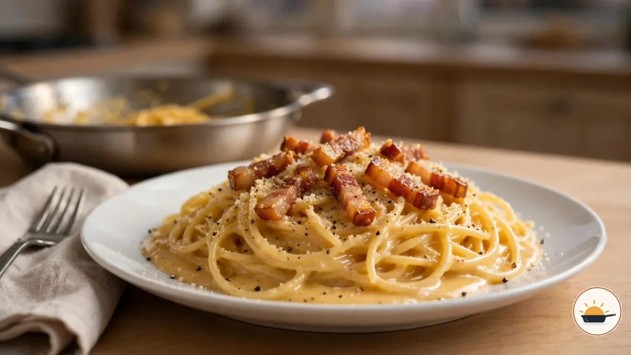 Spaghetti Carbonara auf einem weißen Teller mit geriebenem Pecorino, grob gemahlenem schwarzem Pfeffer und knusprigen Guanciale-Streifen, dahinter eine Stahlpfanne