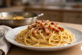 Spaghetti Carbonara auf einem weißen Teller mit geriebenem Pecorino, grob gemahlenem schwarzem Pfeffer und knusprigen Guanciale-Streifen, dahinter eine Stahlpfanne