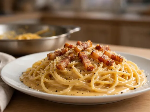Spaghetti Carbonara auf einem weißen Teller mit geriebenem Pecorino, grob gemahlenem schwarzem Pfeffer und knusprigen Guanciale-Streifen, dahinter eine Stahlpfanne